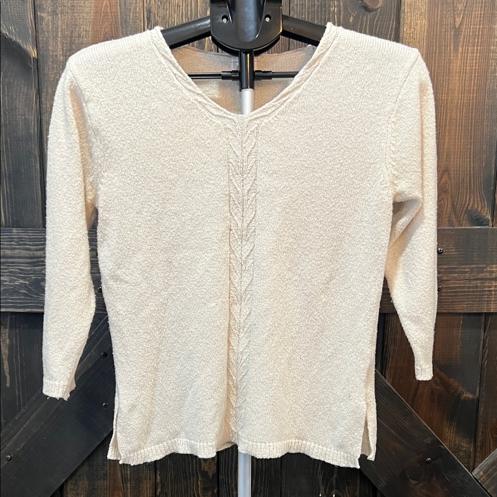 Vintage ALPS Silk Cotton Blend Cream Sweater S 3/4 Sleeves Quiet Luxury Ribbon
